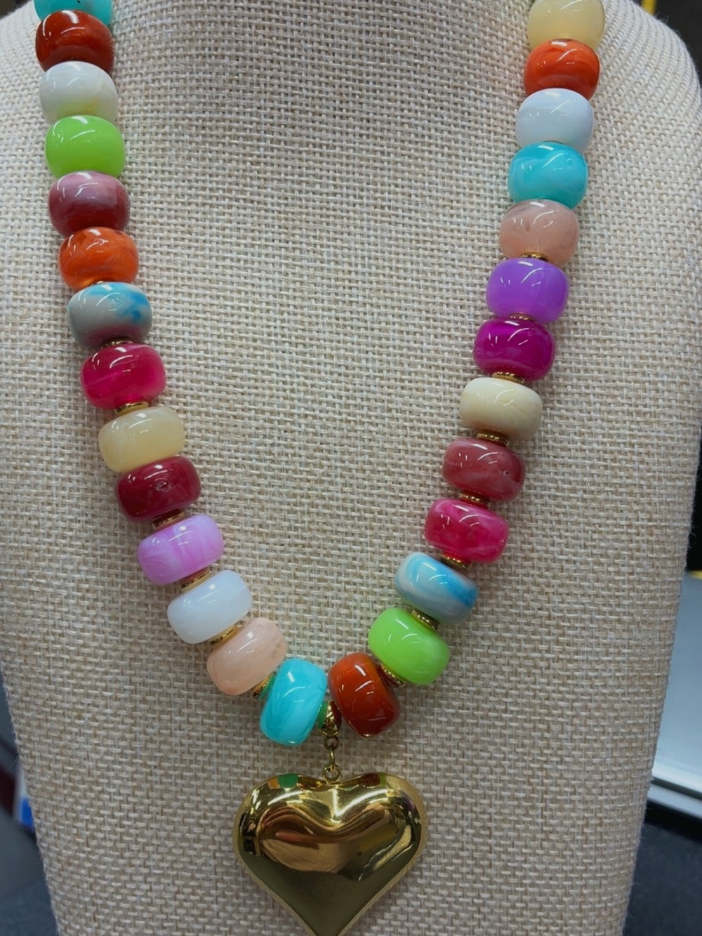 18K Gold Plated Heart Resin Bead Colorful Necklace 16-19 inches adjustable